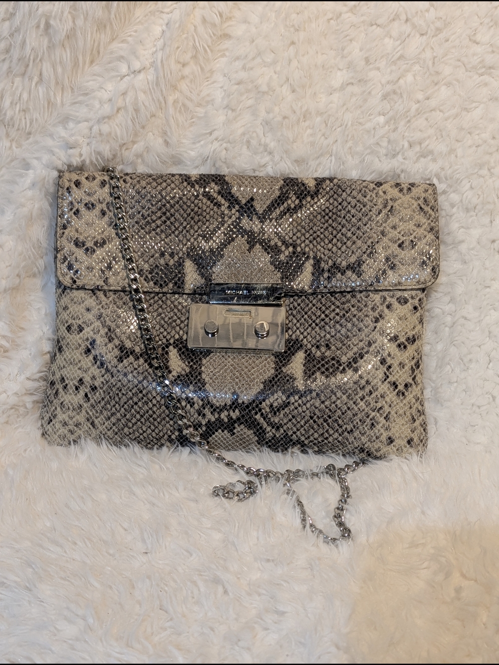 Michael Kors Snake-Print Chain Clutch in Black and Cream